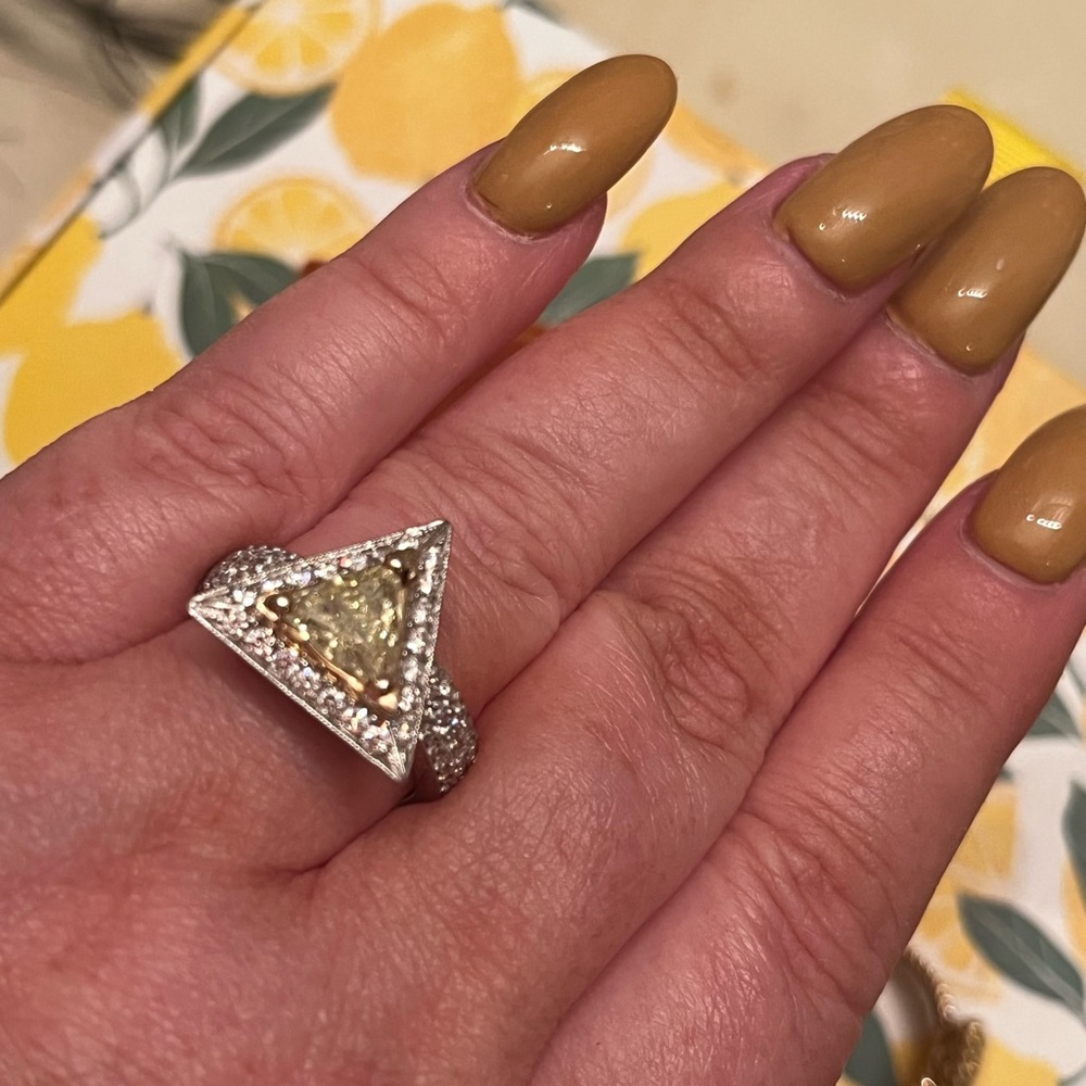 Amazing 2.11 ct Fancy Yellow Trillion Diamond Ring with Halo